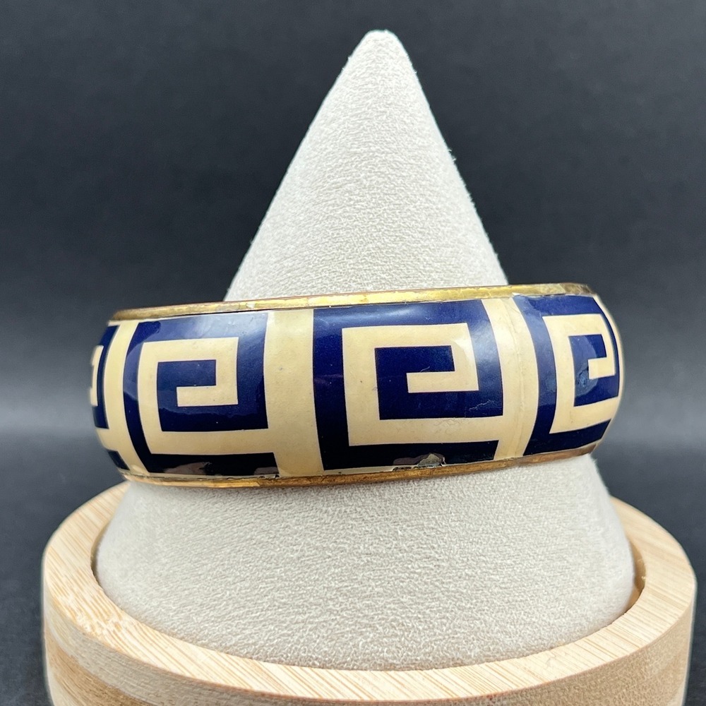 Vintage Bangle Bracelet Greek Key Navy Blue Cream Geometric 8.5"